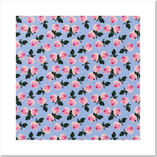 Scattered pink vintage roses on blue Posters and Art